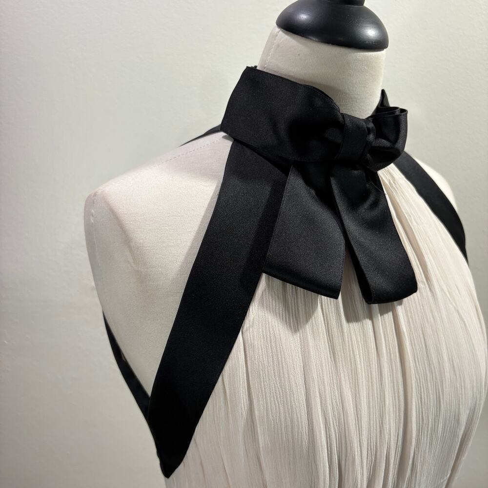 Kate Spade Size 6 Chiffon Bow Dress 100% Silk Midi Cream Black Halter Neck - Picture 11 of 15